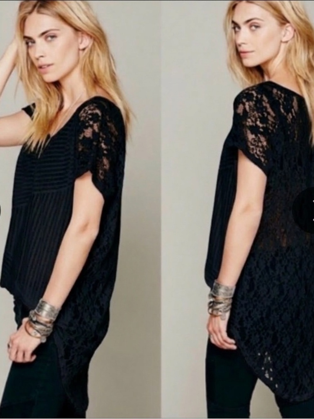 Free People Daydream Striped Lace Black High Low Tunic Lace Back Boho EUC Swim